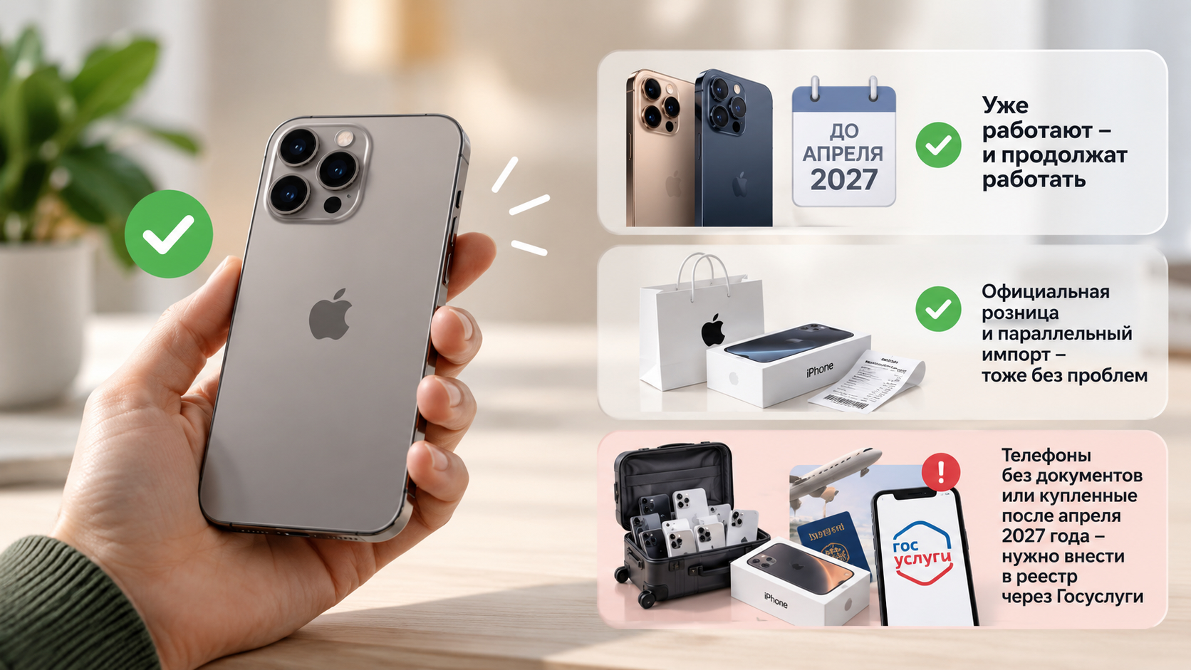 iPhone в руке и три плашки: телефоны, работающие до апреля 2027 года, официальная розница и параллельный импорт без проблем, а смартфоны без документов нужно внести в реестр