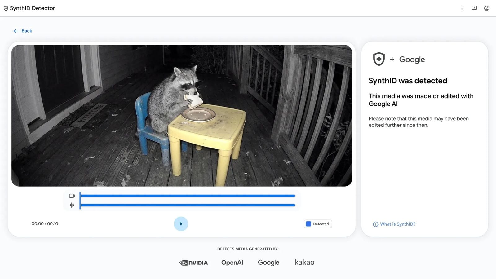 Сайт SynthID Detector нашел метку Google в видео с енотом за столом