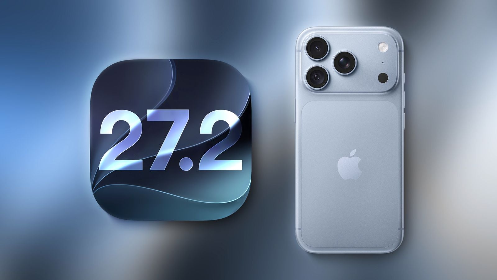 Значок iOS 27.2 рядом с голубым iPhone, повернутым задней панелью