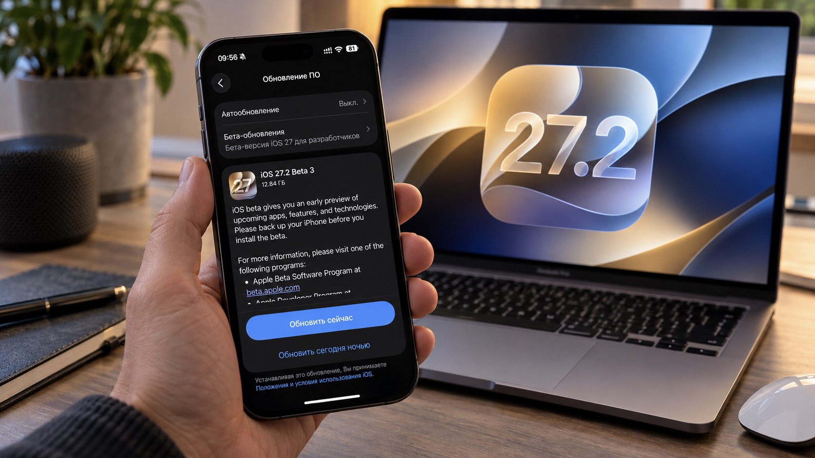 iPhone с экраном Обновление на iOS 27.2 beta 3