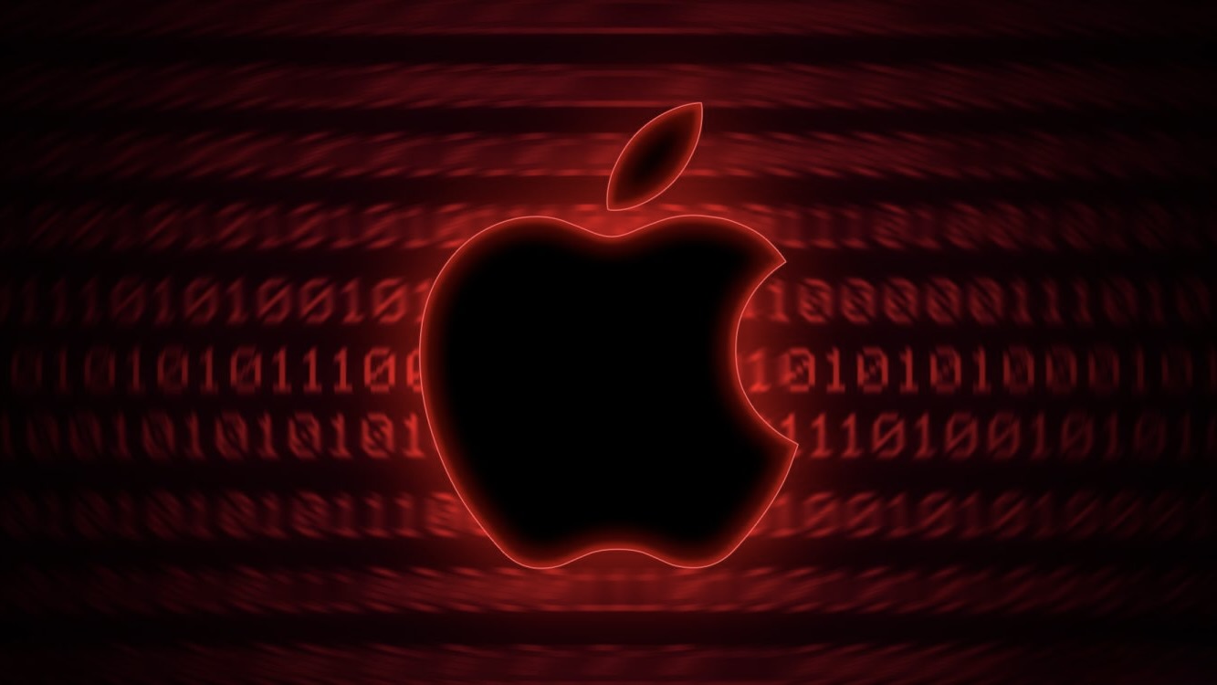 Черный логотип Apple с красной подсветкой на фоне двоичного кода