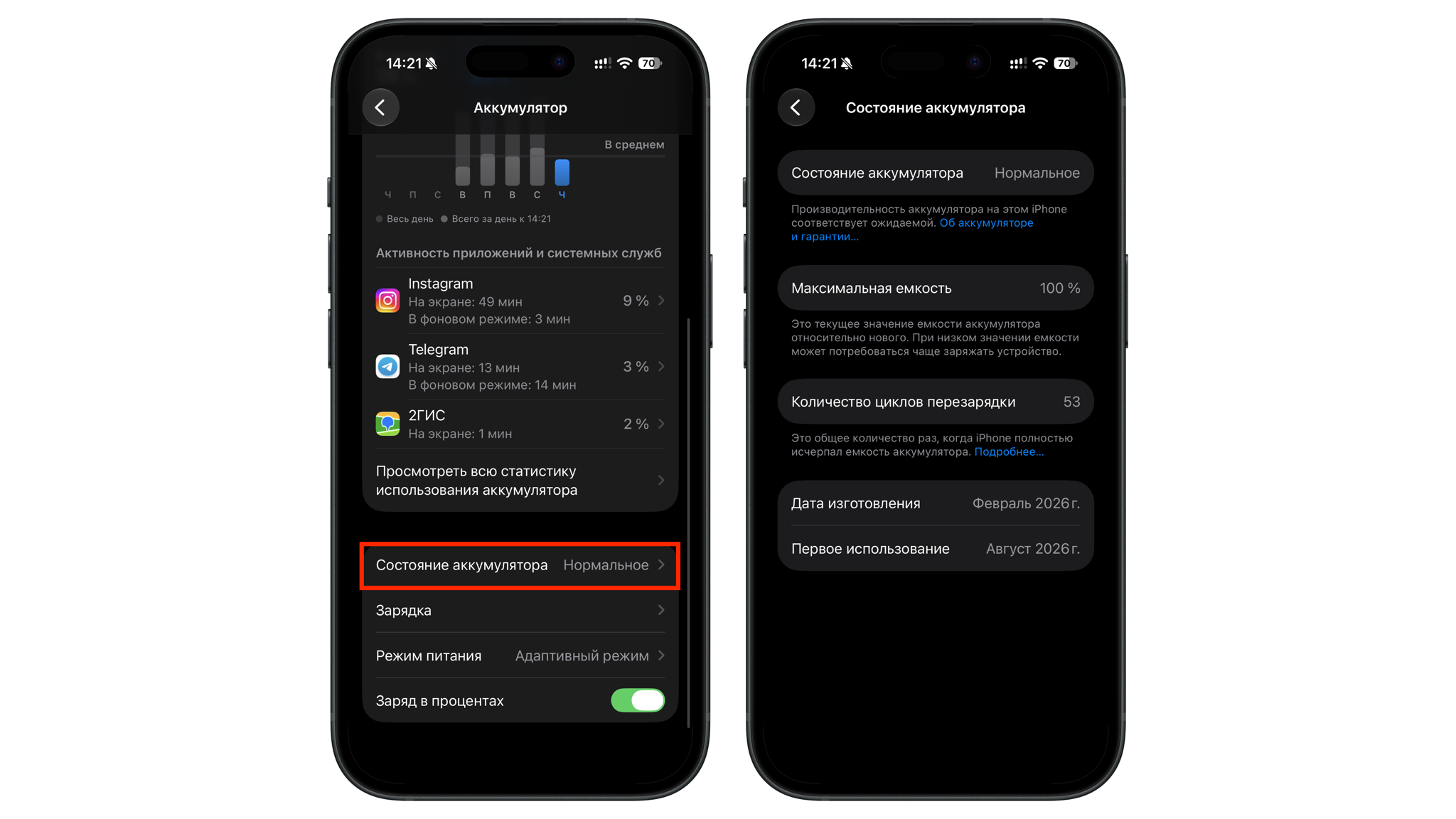 Экран «Состояние аккумулятора» на iPhone: состояние «Нормальное», максимальная емкость 100% и 53 цикла перезарядки