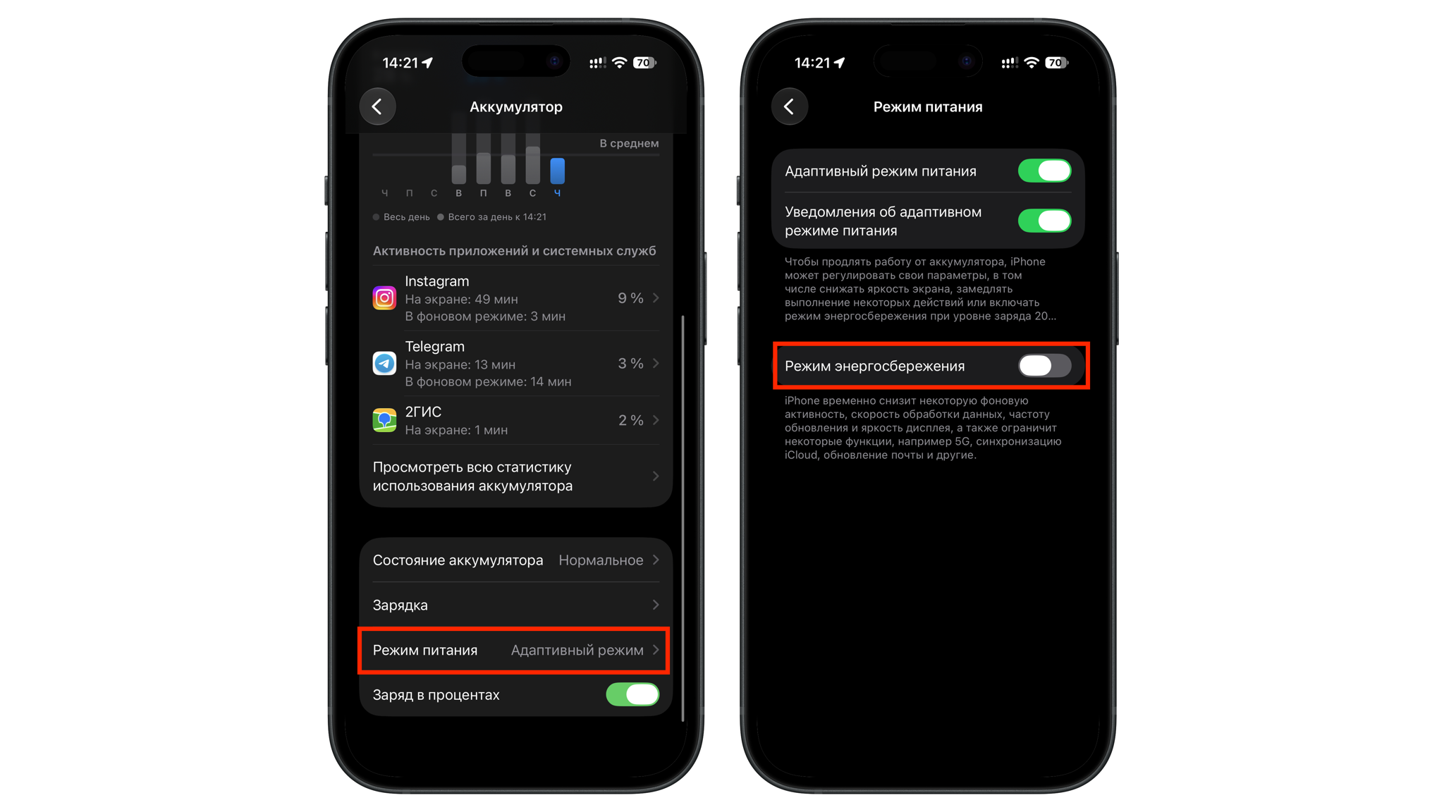 Раздел «Режим питания» в настройках аккумулятора iPhone с выключенным тумблером «Режим энергосбережения»
