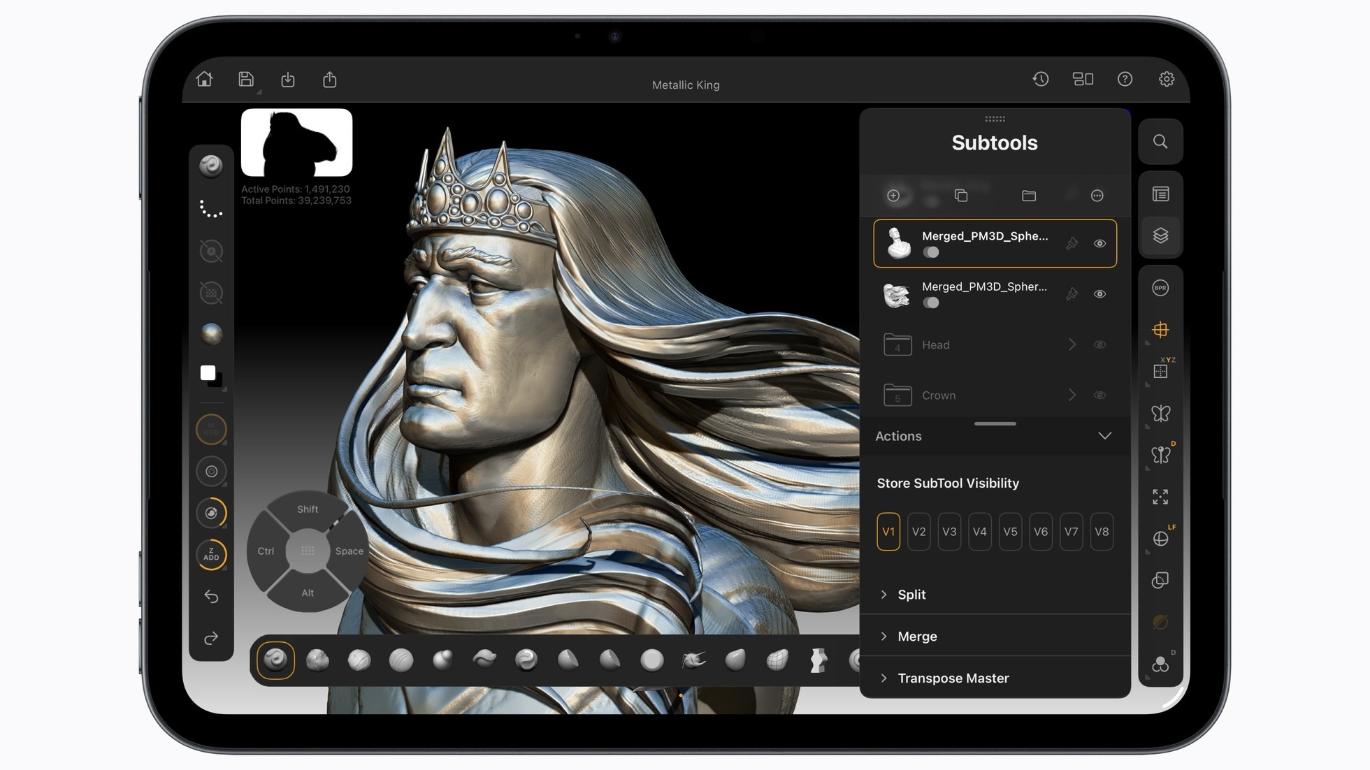 Приложение для 3D-скульптинга на iPad mini: детализированная модель головы короля с короной и длинными волосами