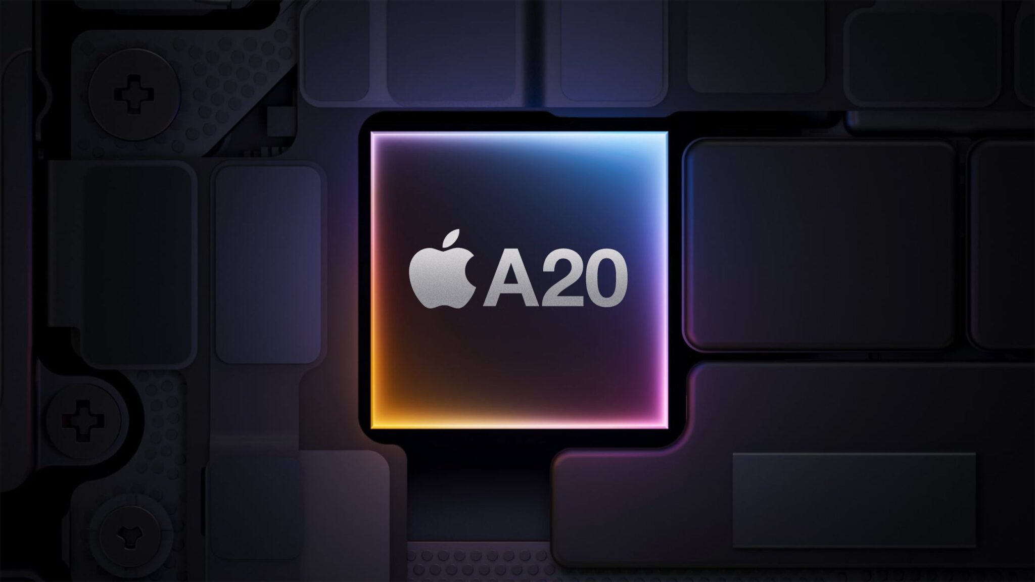 Логотип процессора Apple A20 на фоне компонентов материнской платы
