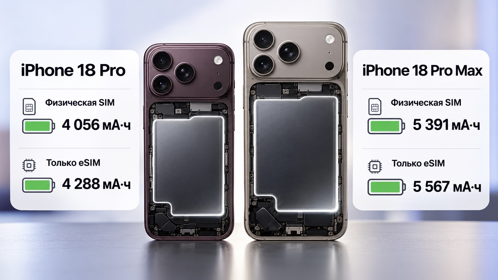 Емкость аккумулятора в iPhone 18 Pro и iPhone 18 Pro Max