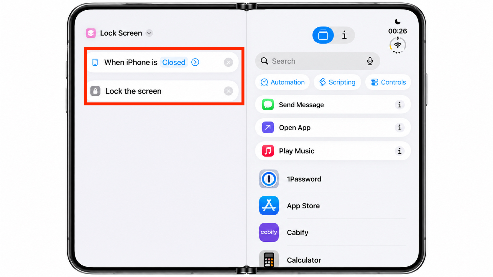 Автоматизация в Быстрых командах на раскрытом iPhone Duo: «Когда iPhone закрыт» и «Заблокировать экран»