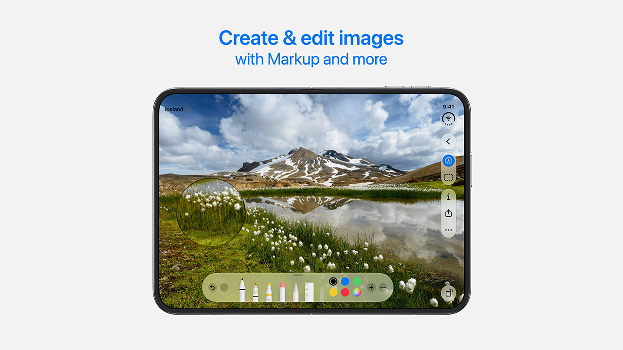 Редактирование фото горного озера в Просмотре на iPhone Duo с палитрой инструментов разметки внизу