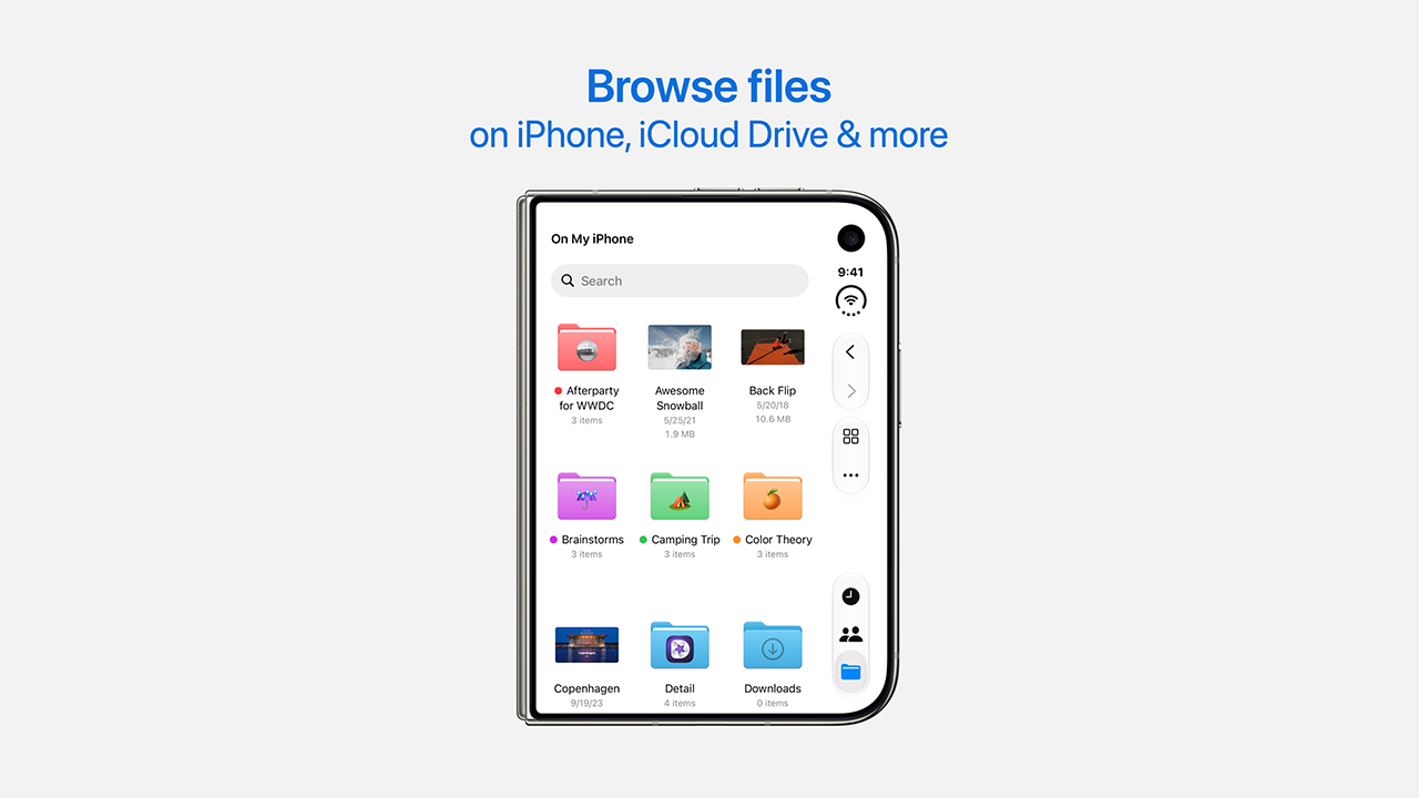 Приложение Файлы на внешнем экране сложенного iPhone Duo с кнопками навигации справа