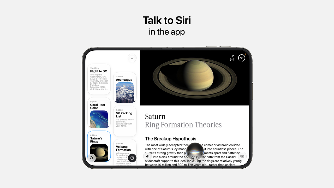 Siri на раскрытом iPhone Duo: плитки прошлых разговоров слева, статья о кольцах Сатурна справа