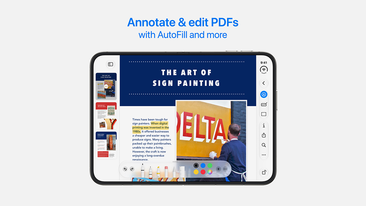 Приложение Просмотр на iPhone Duo: PDF-документ с миниатюрами страниц слева и палитрой разметки внизу