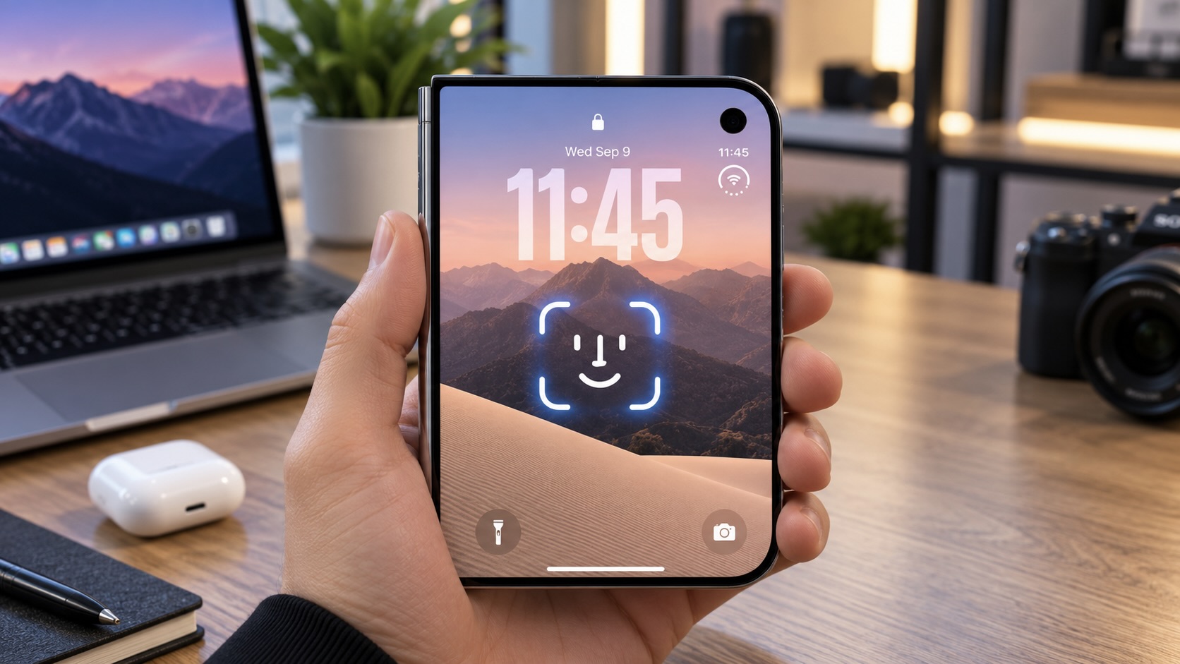 Сложенный iPhone Duo 2 в руке, на экране блокировки значок Face ID