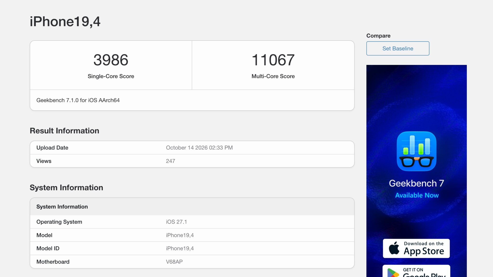Скриншот страницы результата iPhone Duo в Geekbench 7
