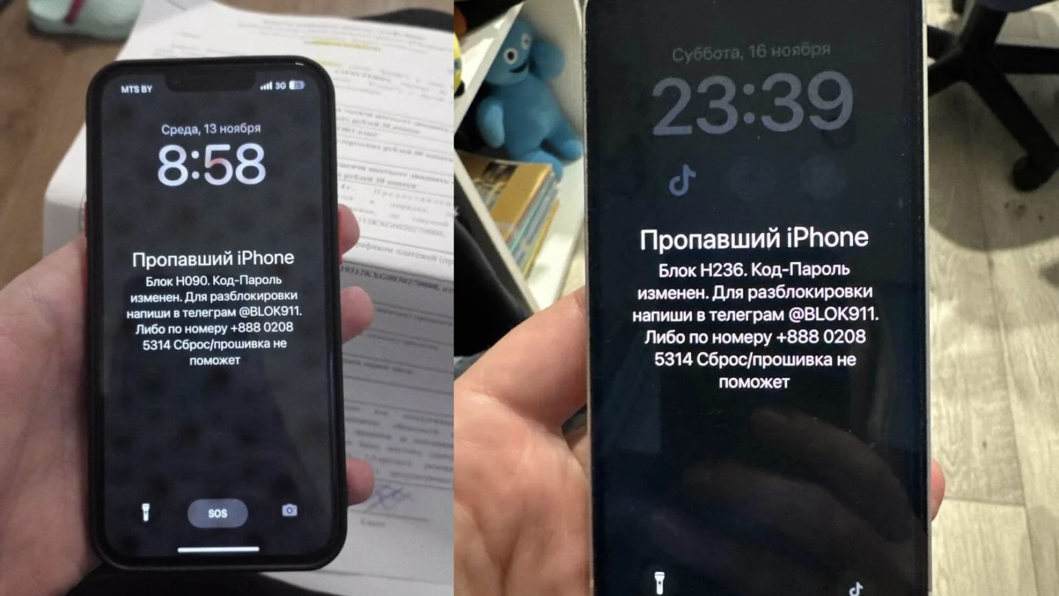 Два заблокированных айфона в режиме пропажи: на экране блокировки требование написать в Telegram для разблокировки