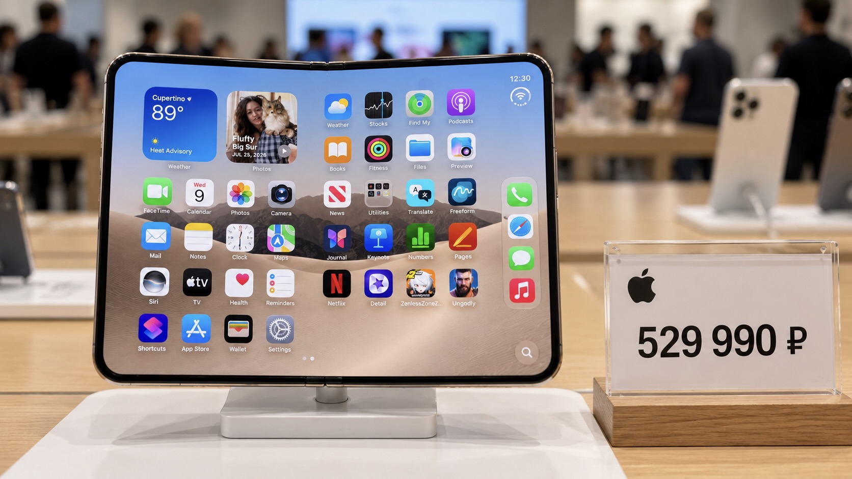 Раскрытый iPhone Duo на подставке в магазине рядом с ценником 529 990 рублей