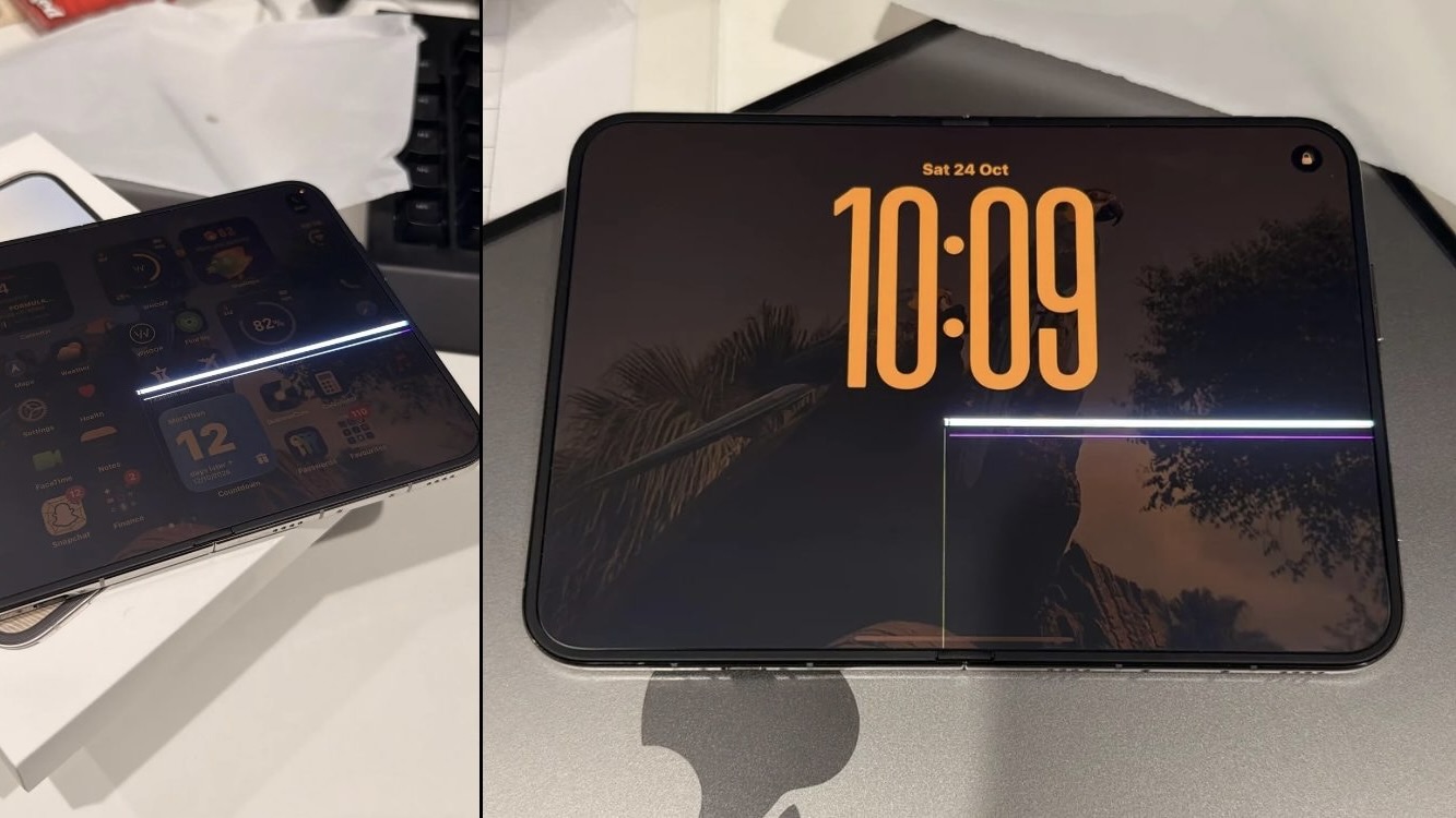 Два iPhone Duo с белой полосой на внутреннем экране: на рабочем столе и на экране блокировки