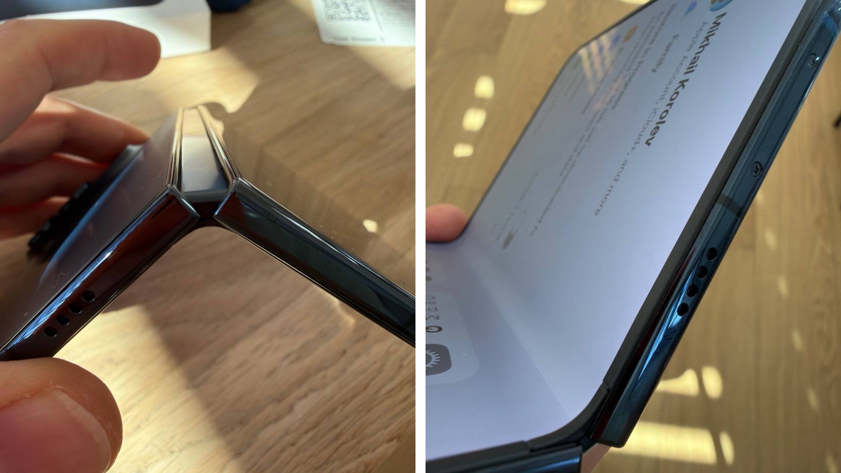Полураскрытый iPhone Duo и его шарнир сбоку