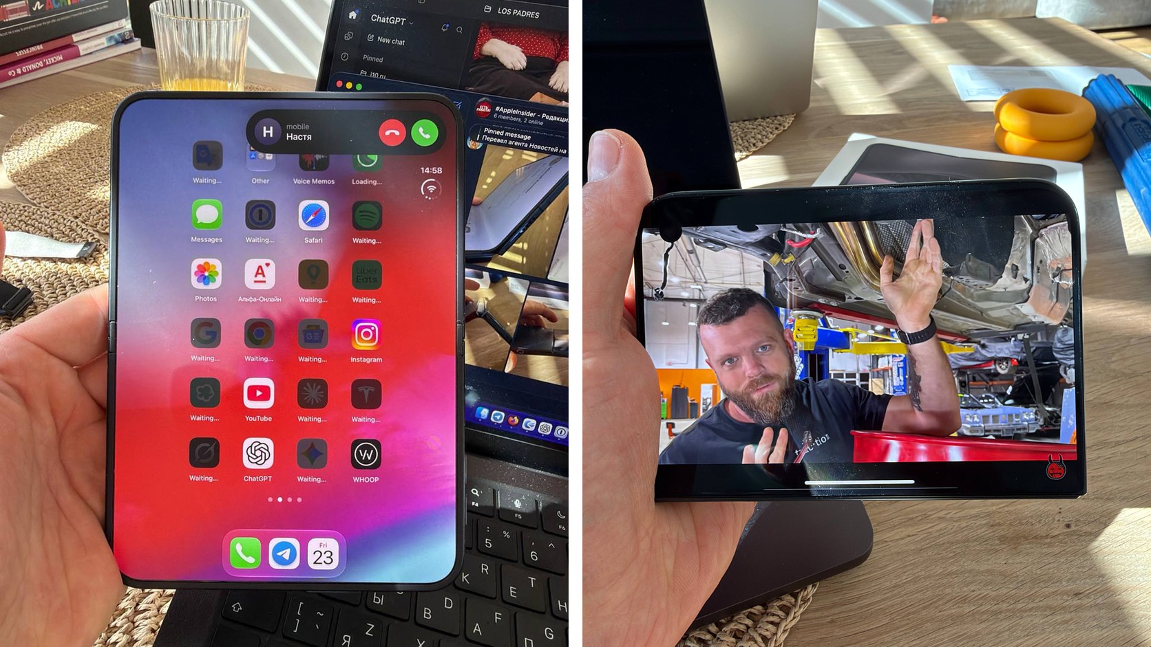 Наружный экран сложенного iPhone Duo и YouTube на внутреннем