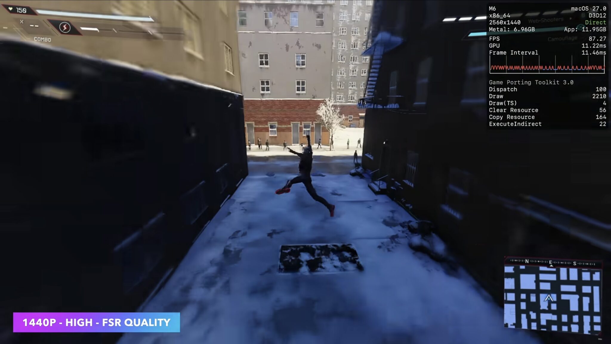 Spider-Man: Miles Morales запущен на Mac mini через Game Porting Toolkit 3.0: 1440p, высокие настройки, FSR Quality, около 87 кадров