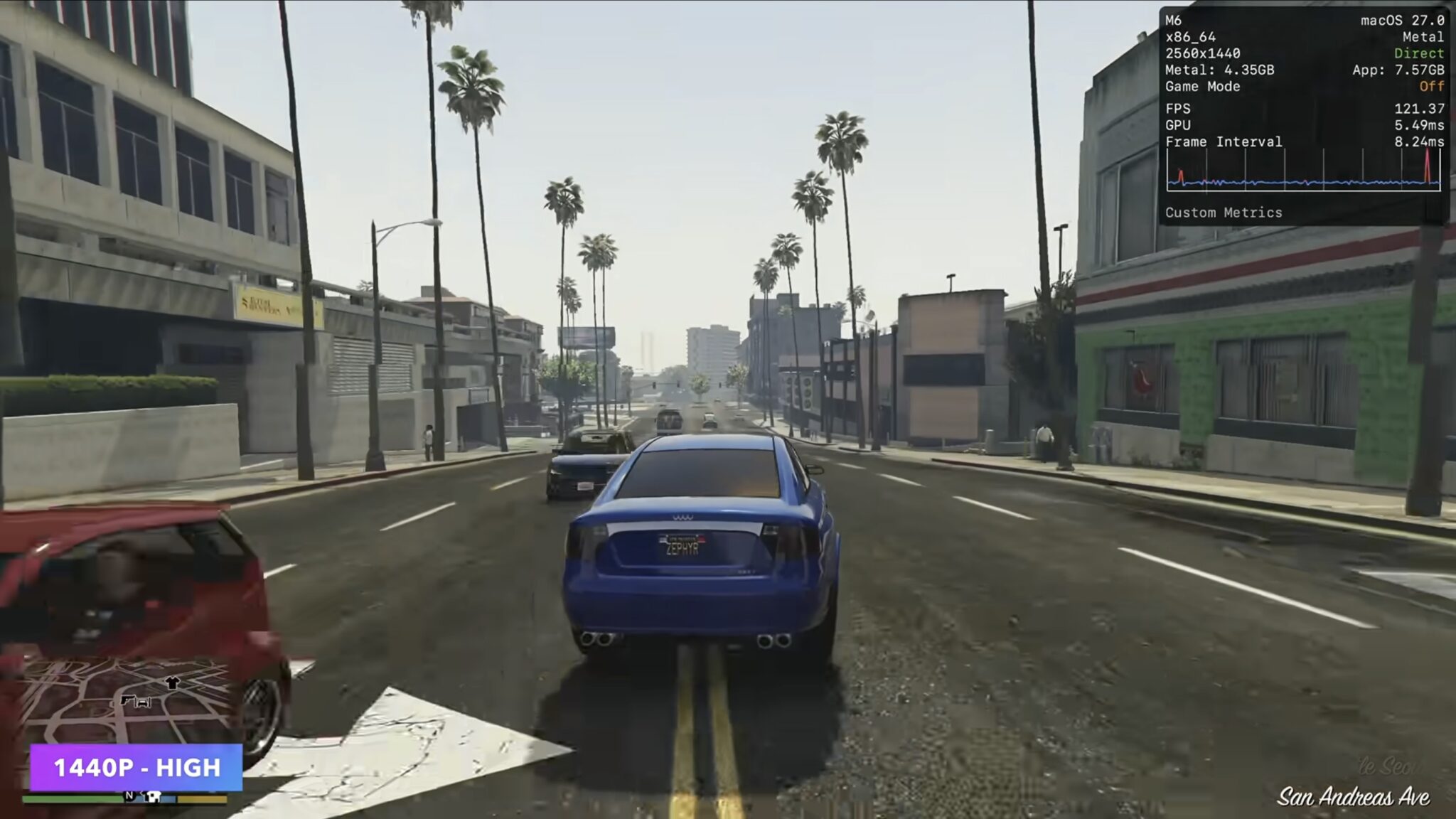 GTA V на Mac mini с M6 в 1440p на высоких настройках: больше 120 кадров в секунду