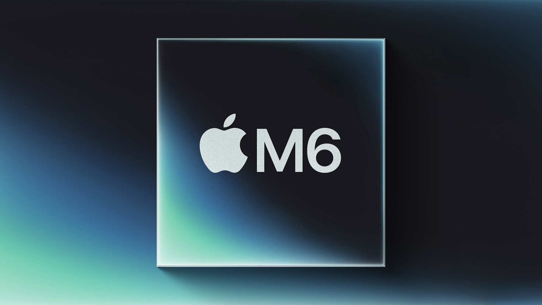 Логотип Apple M6 на стеклянном квадрате, стилизованном под процессор, на темно-синем фоне