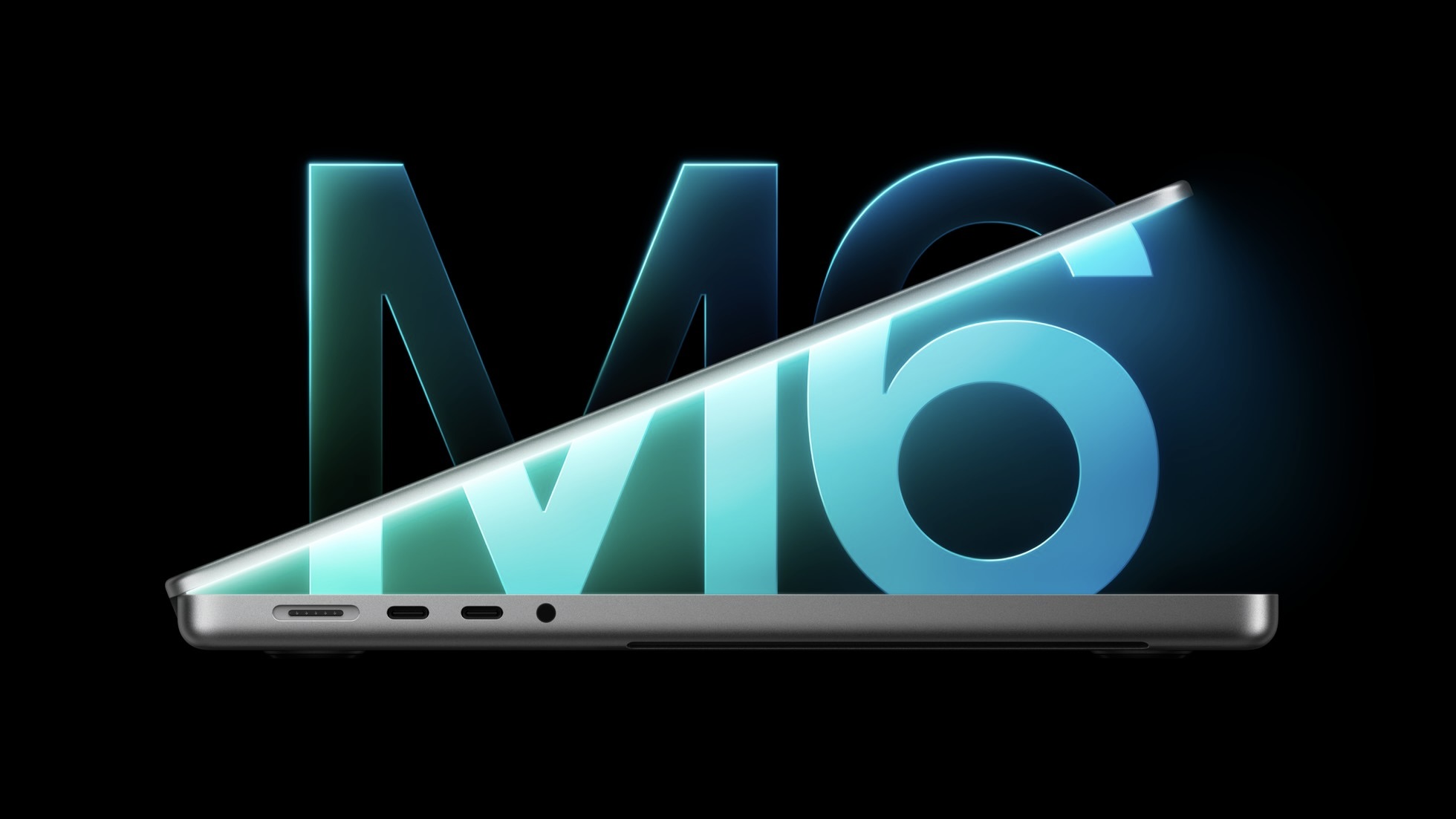 Серебристый MacBook Pro в профиле на фоне светящейся надписи M6