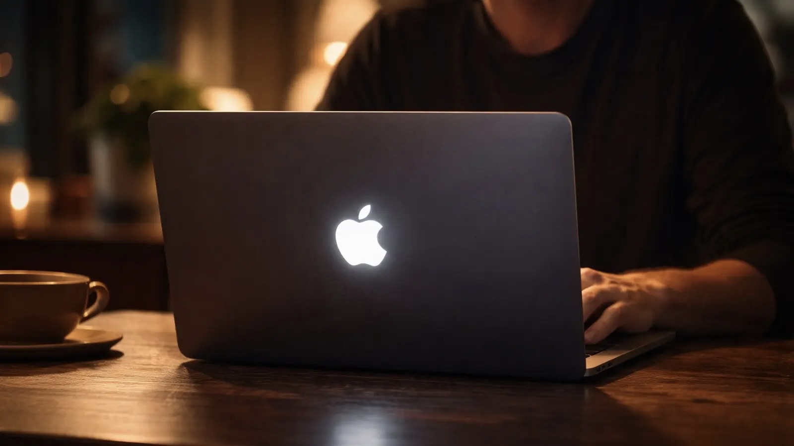 Человек работает за MacBook с подсвеченным белым логотипом Apple на крышке в темной комнате