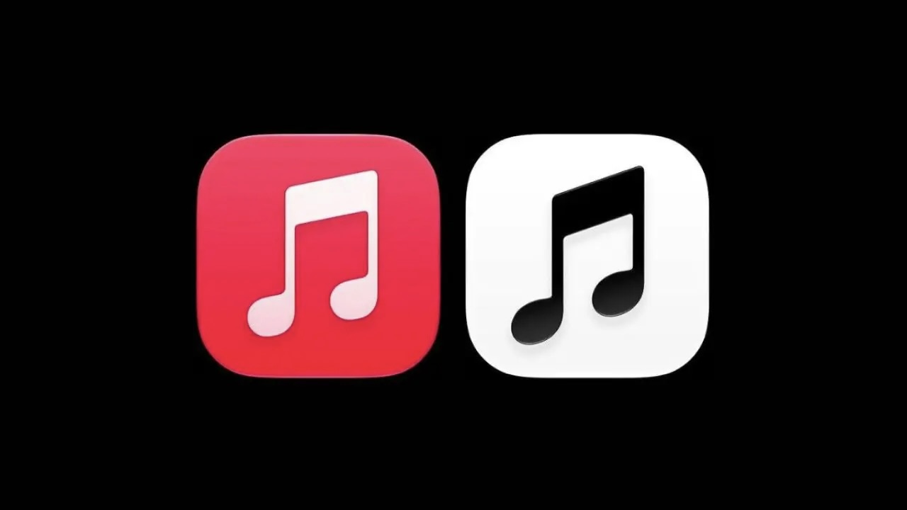 Старая красная иконка Apple Music слева и новая черно-белая справа