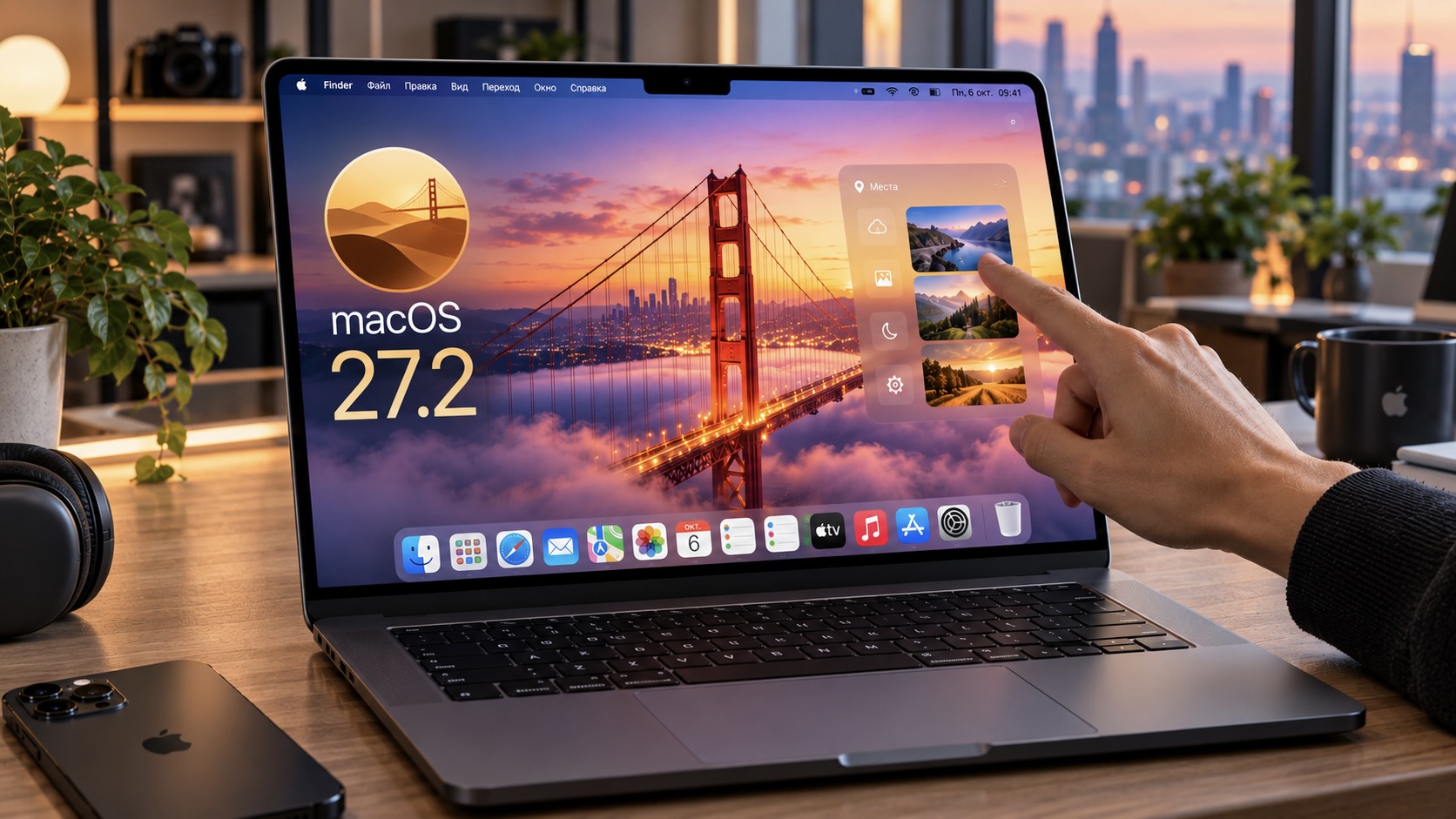 MacBook Pro с открытой крышкой, палец касается экрана с macOS 27 Golden Gate