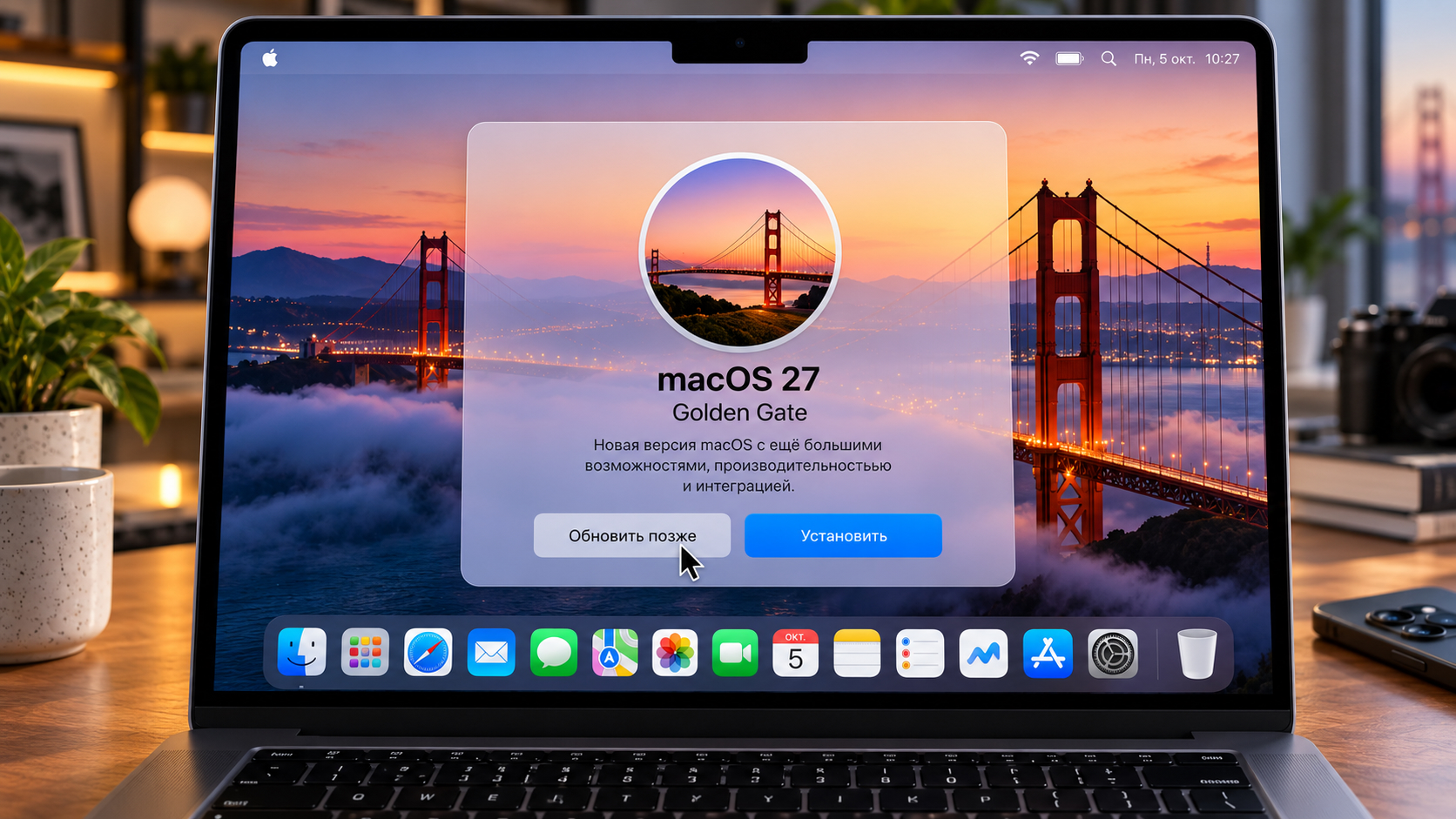 MacBook с экраном установки macOS 27 Golden Gate