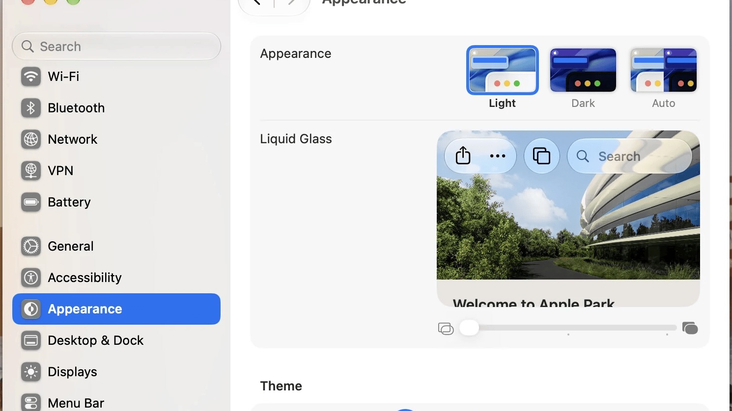 Ползунок Liquid Glass в настройках macOS 27