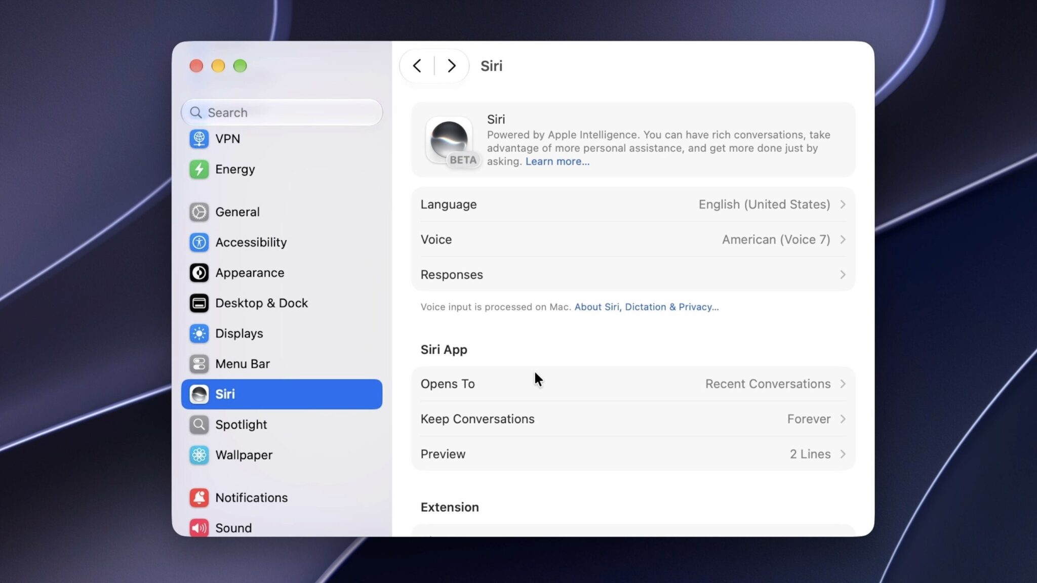Настройки Siri AI на английском языке