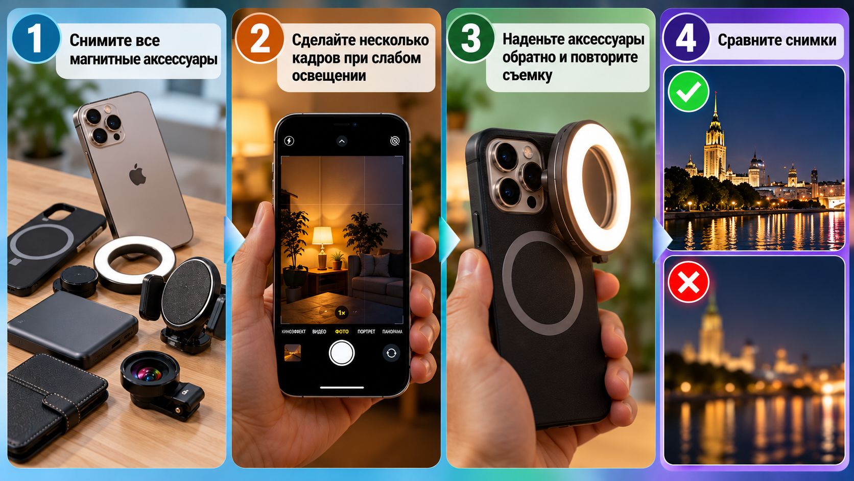 Инфографика: порядок действий при съемке с использованием магнитных аксессуаров