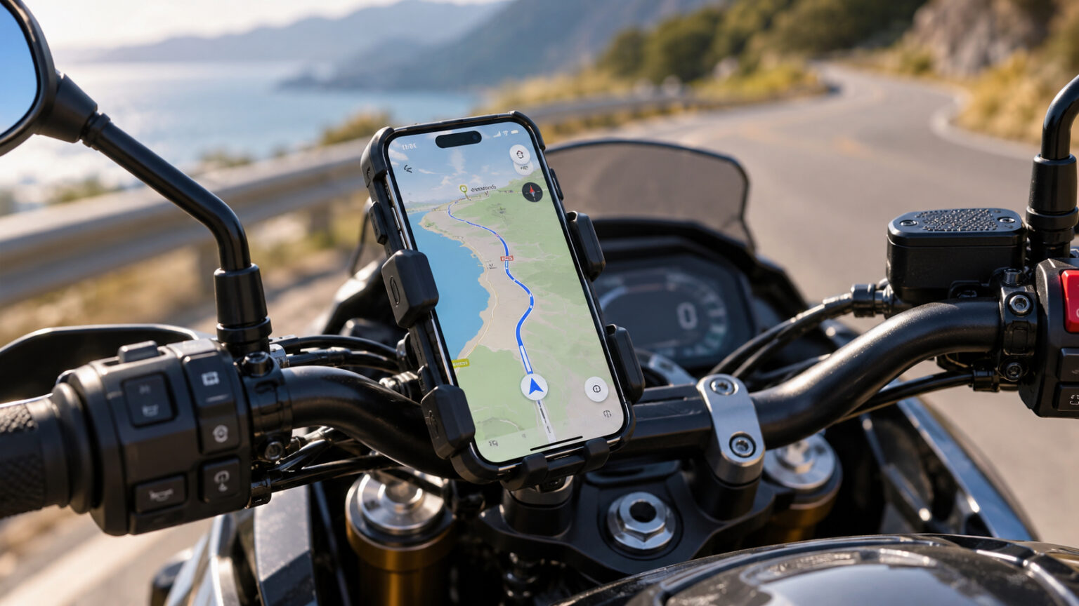 iPhone в держателе на руле мотоцикла