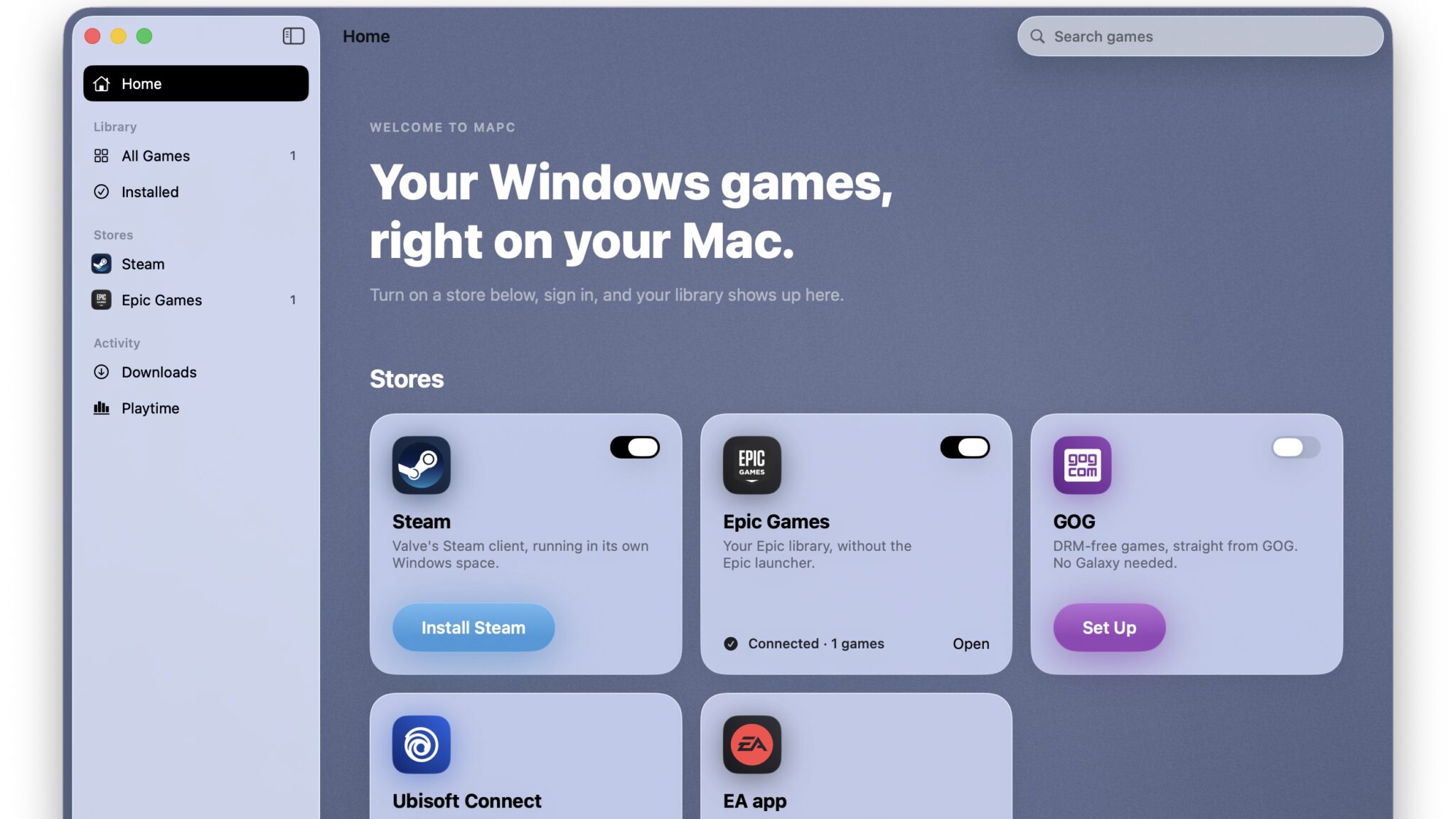 Стартовый экран MaPC с карточками магазинов Steam, Epic Games, GOG, Ubisoft Connect и EA app
