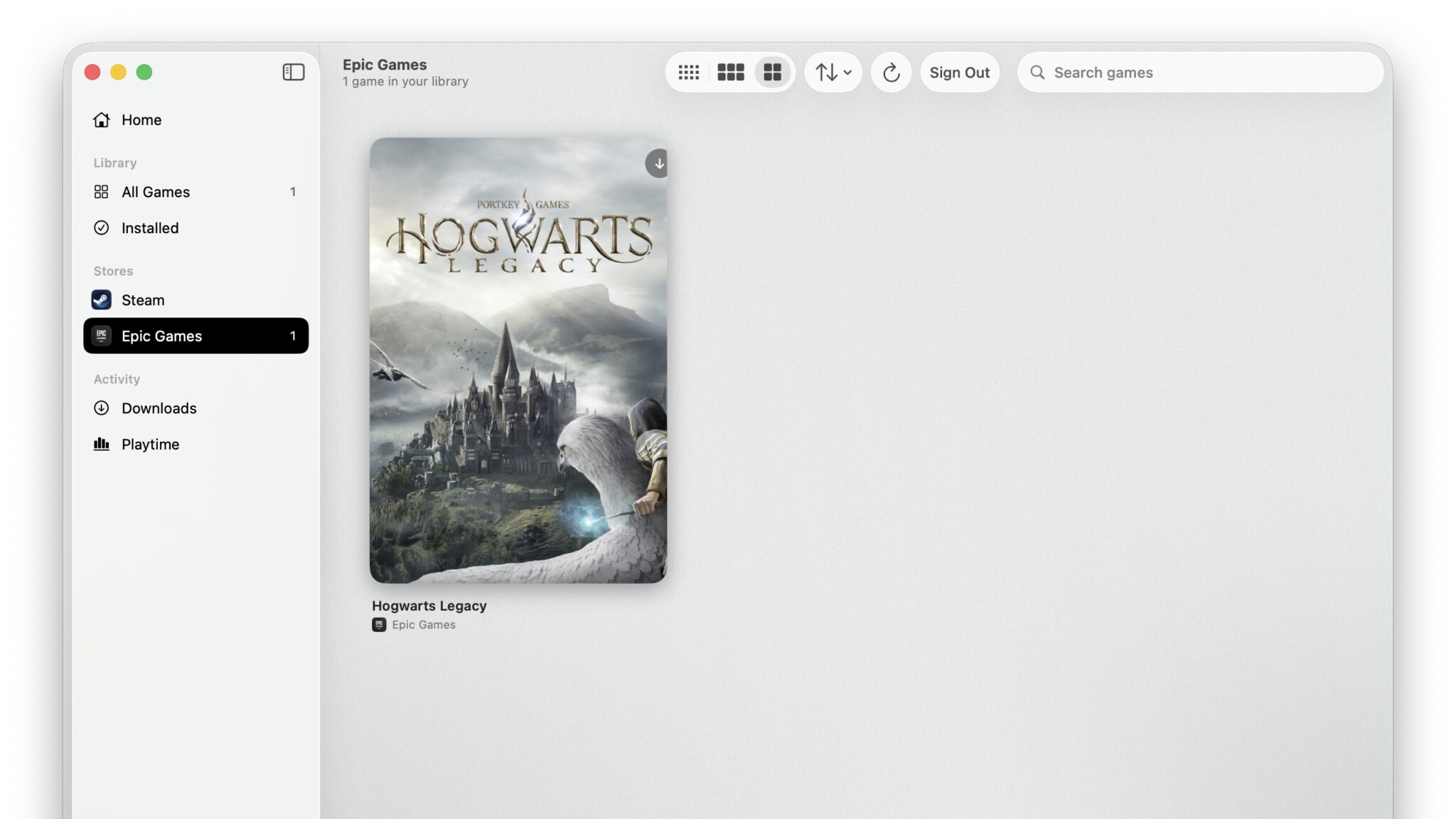 Библиотека Epic Games в MaPC с одной игрой Hogwarts Legacy