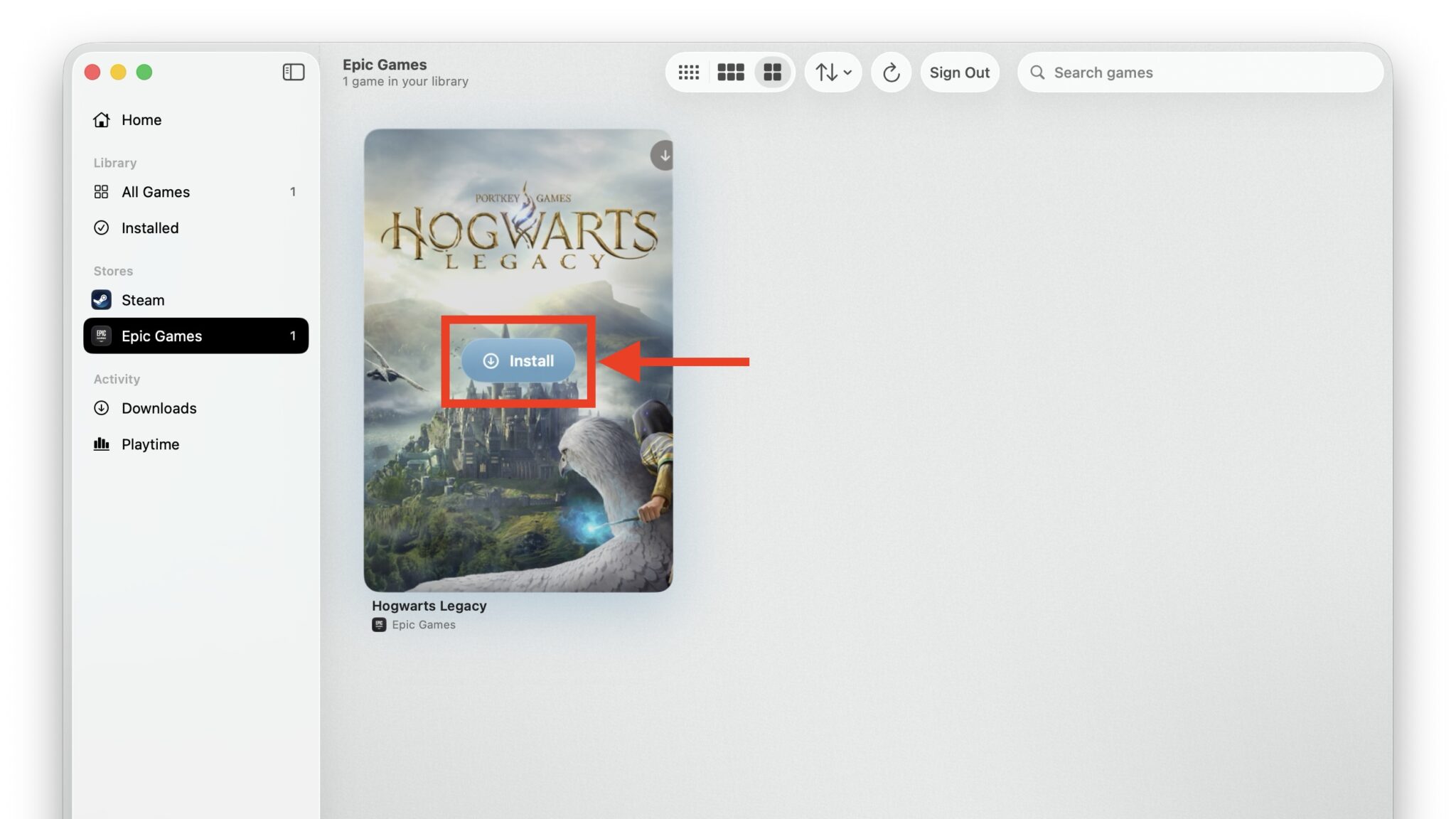 Обложка Hogwarts Legacy в MaPC с выделенной кнопкой Install
