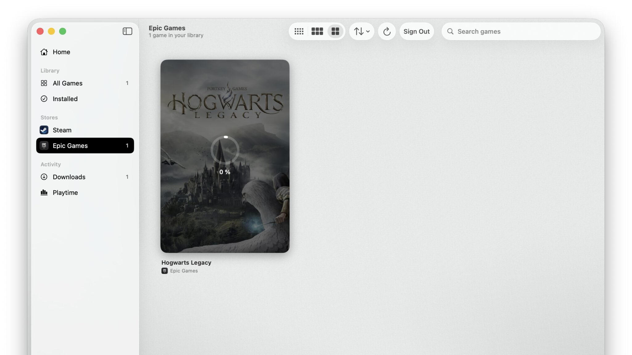 Обложка Hogwarts Legacy в MaPC с индикатором загрузки на 0%