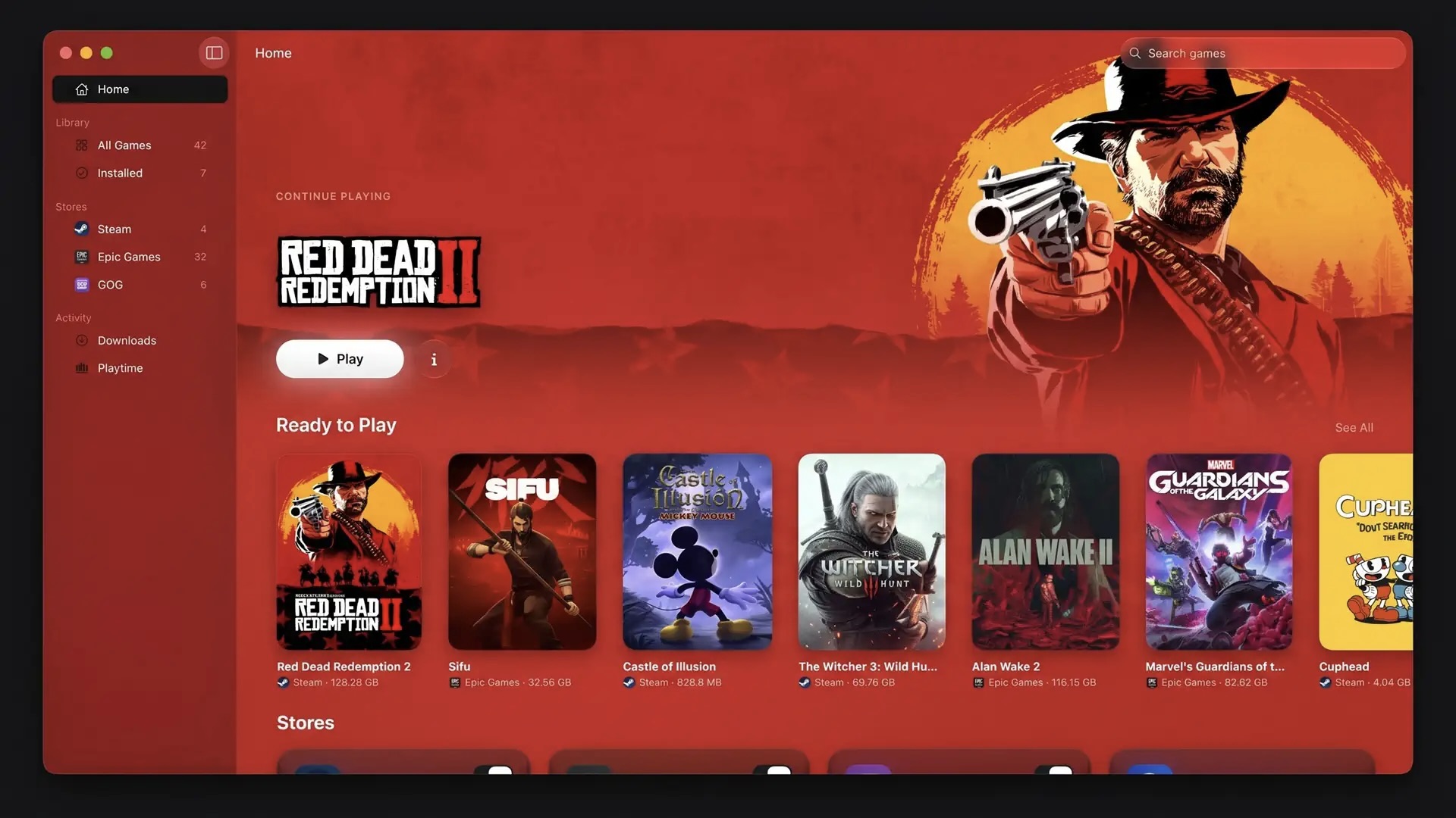 Главный экран MaPC с Red Dead Redemption 2 и библиотекой игр из Steam и Epic Games