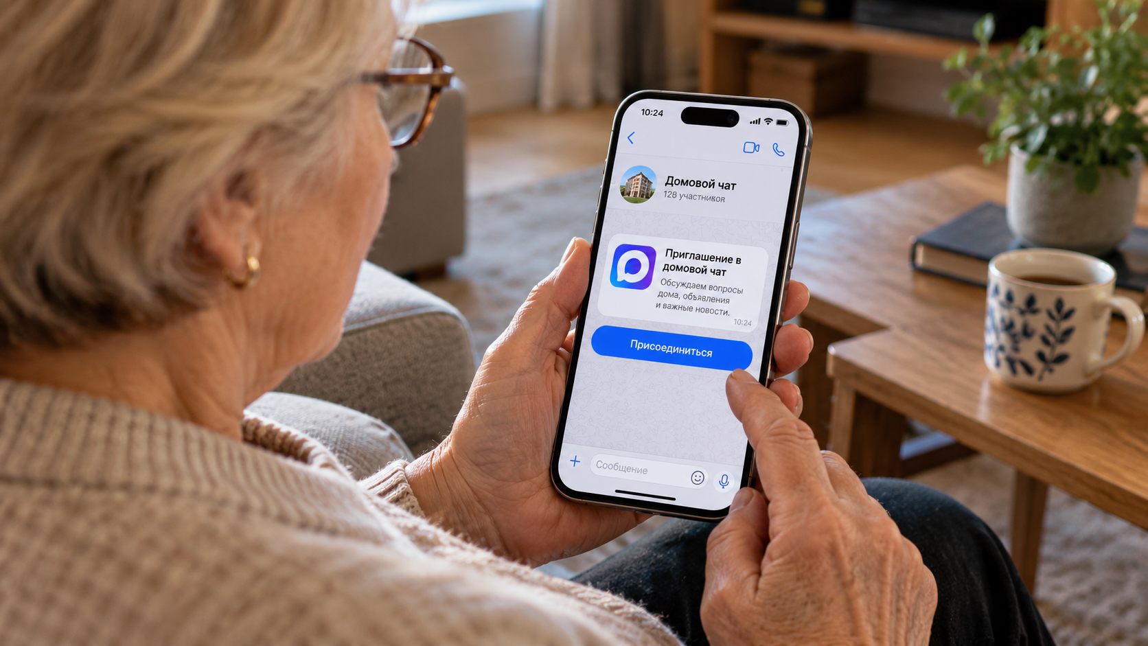 Пожилая женщина держит iPhone с открытым в МАКС приглашением в домовой чат