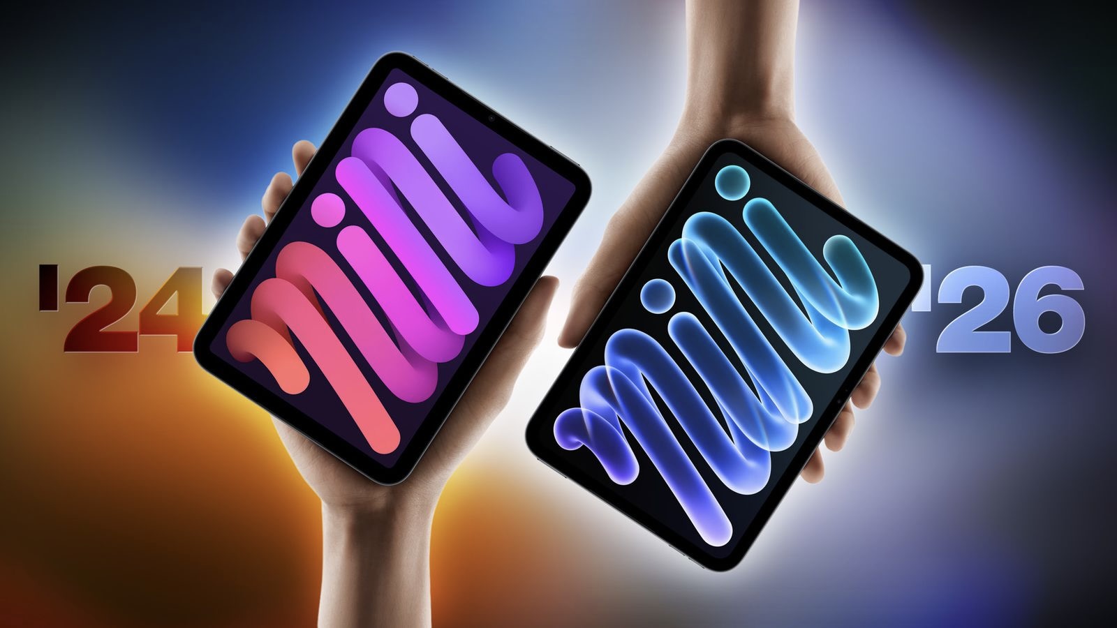 iPad mini 2024 и iPad mini 2026 в руках на фоне цифр 24 и 26
