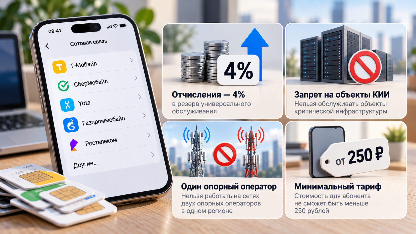 Инфографика: список виртуальных операторов на экране iPhone и четыре обсуждаемые меры — отчисления 4%, запрет на объекты КИИ, один опорный оператор и тариф от 250 рублей