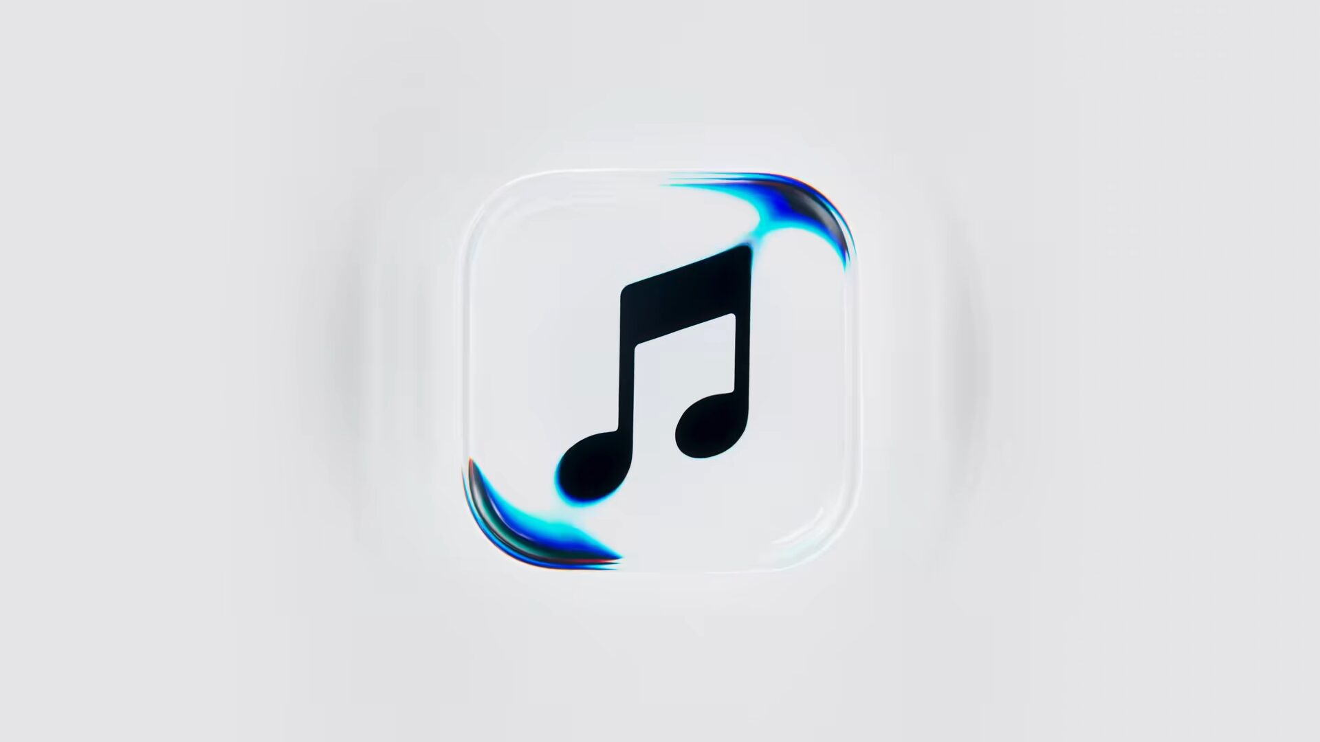 Черная нота Apple Music внутри прозрачной иконки с бирюзовыми бликами в стиле Liquid Glass
