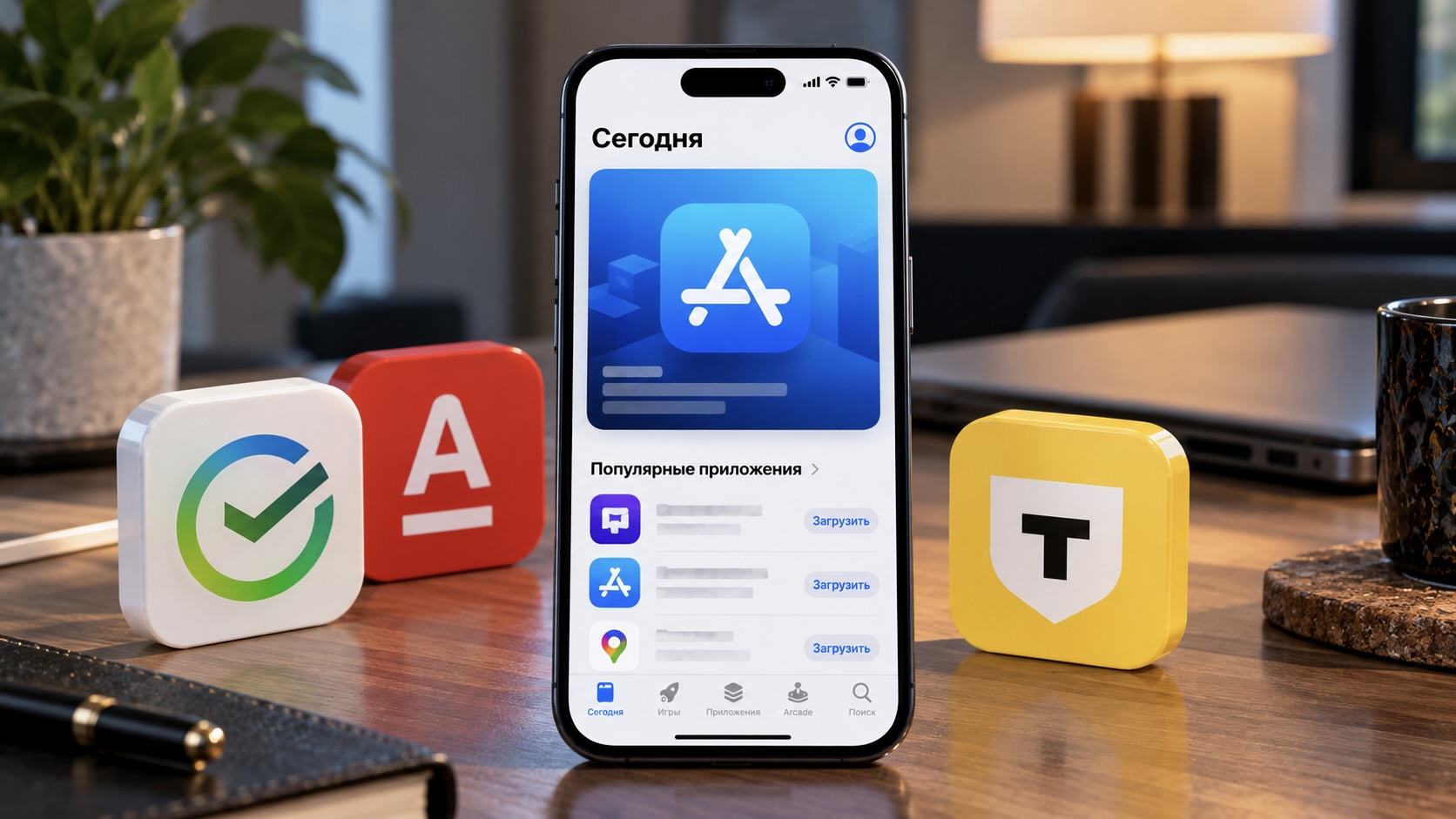 App Store на экране iPhone, рядом логотипы Сбера, Альфа-Банка и Т-Банка