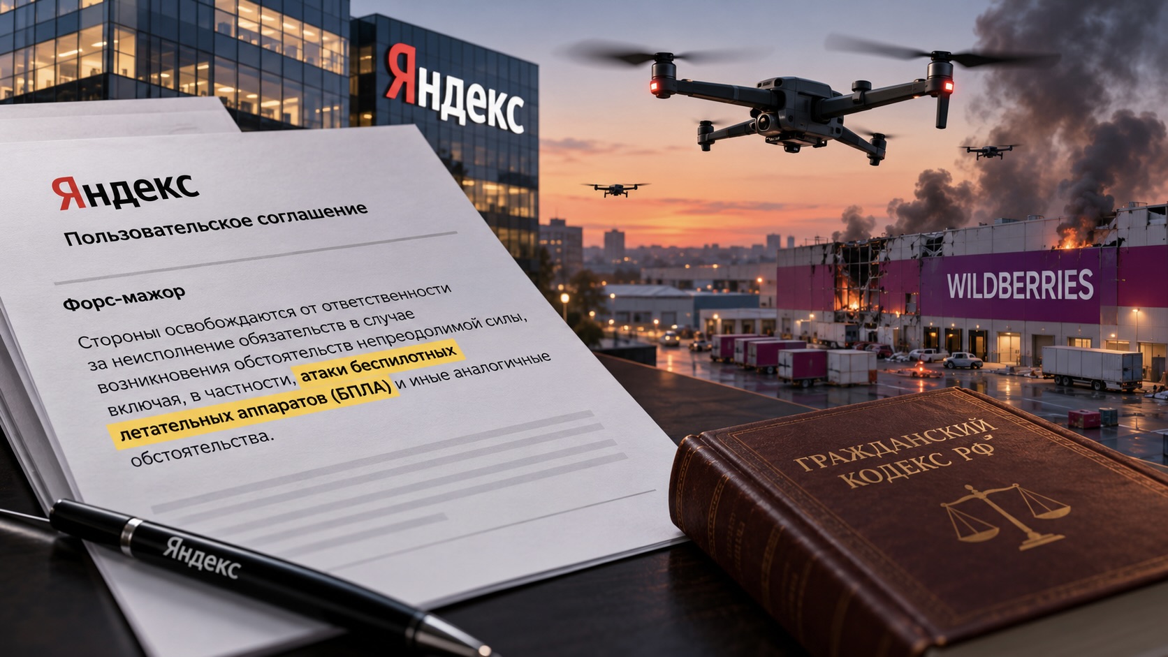 Форс-мажор с дронами в соглашении Яндекса, Гражданский кодекс и горящий склад Wildberries