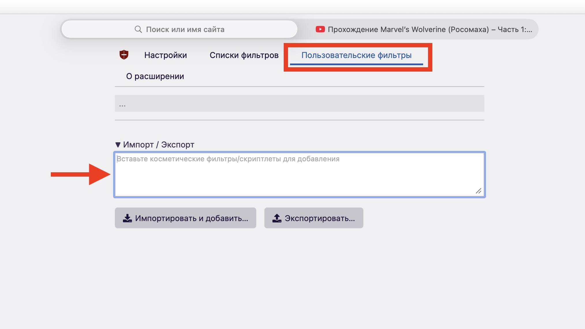 Вкладка «Пользовательские фильтры» в uBlock Origin Lite