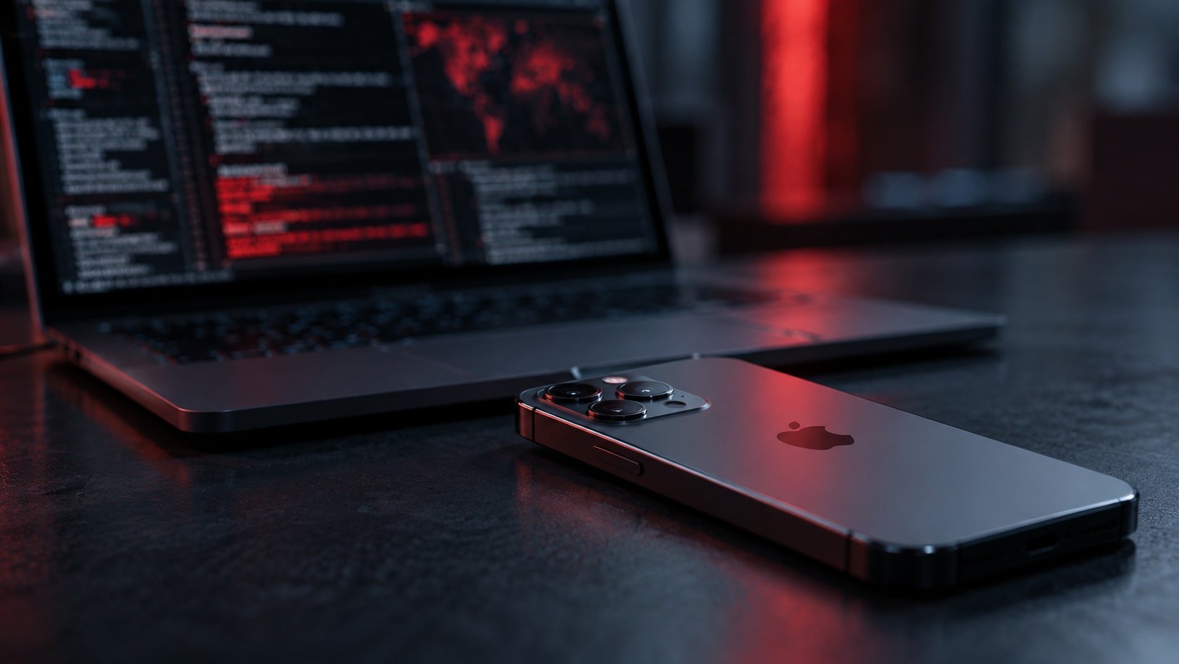 iPhone на столе, на заднем плане компьютер с работающим вирусом