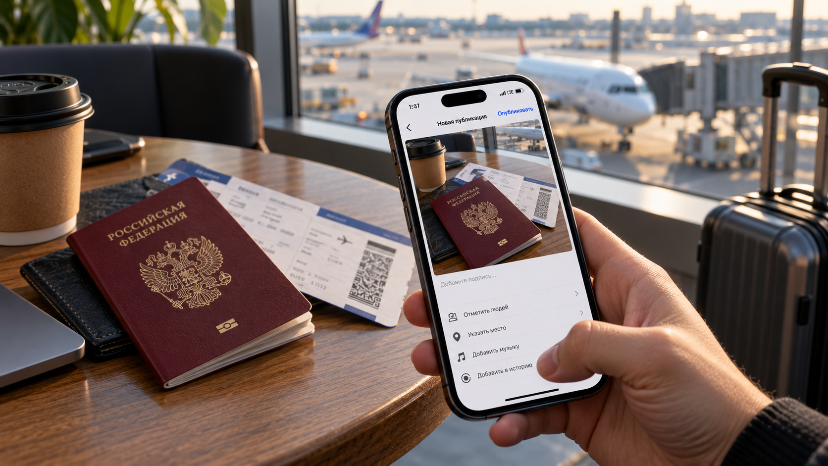 Экран новой публикации в соцсети на iPhone с фото паспорта и посадочного талона с QR-кодом