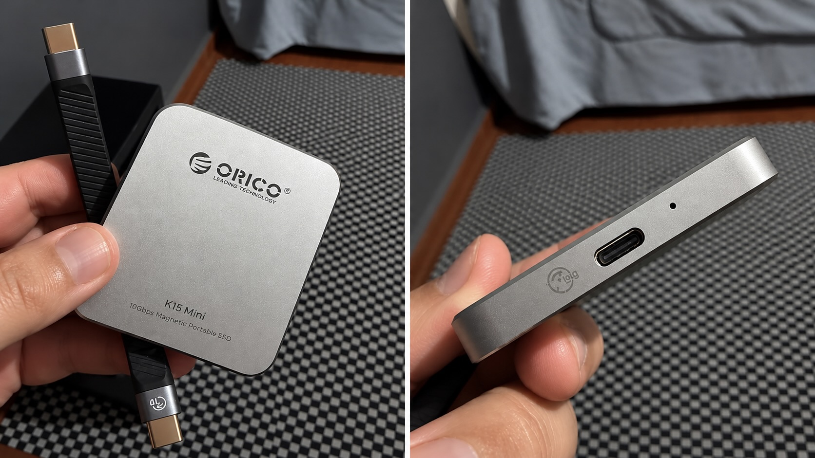 SSD ORICO K15 Mini в руке вместе с кабелем, справа крупно торец с портом USB-C и индикатором