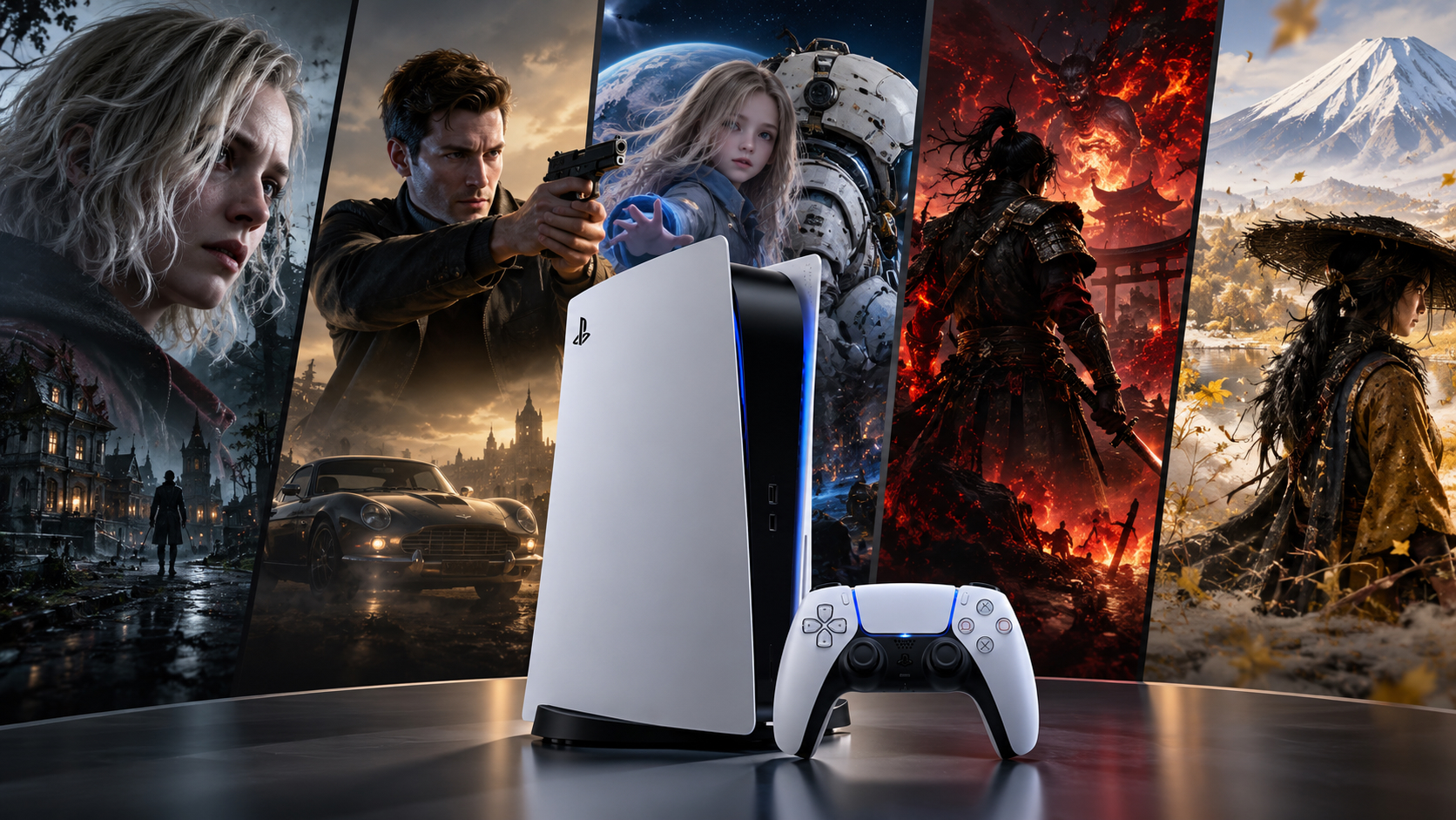 PS5 и геймпад DualSense на фоне коллажа из обложек Resident Evil Requiem, 007 First Light, Pragmata, Nioh 3 и Ghost of Yōtei